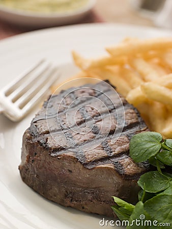 Fillet Steak Frite and Watercress Stock Photo