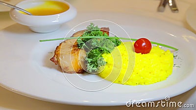Fillets Fried Fish with a Side Dish of Rice.Boiled Rice and Fish