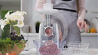 Woman puts pieces of raw meat into electric meat grinder. Pile of chopped meat. Electric mincer machine with fresh Stock Photo