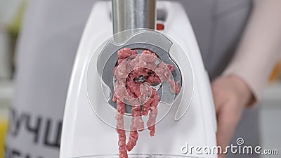 Filling comes out through raw meat grinder sieve. Grinder close up. Pile of chopped meat. Electric mincer machine with Stock Photo