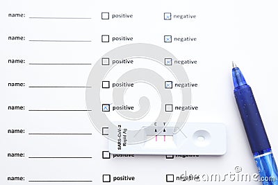 filling coronavirus test form. COVID-19 test. positive outcome infected, Medical test form for new coronavirus rapid Stock Photo