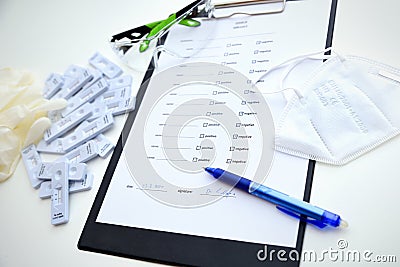 filling coronavirus test form. COVID-19 rapid antigen test. negative outcome Medical test form for new coronavirus test Stock Photo