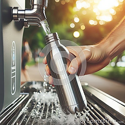 Filling reusable bottle at water station Stock Photo