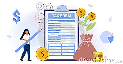 Filling tax from Analyzing financial data Online tax payment Return as document for VAT Vector Illustration