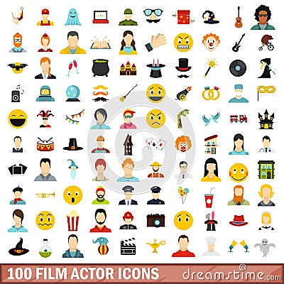 100 film actor icons set, flat style Vector Illustration