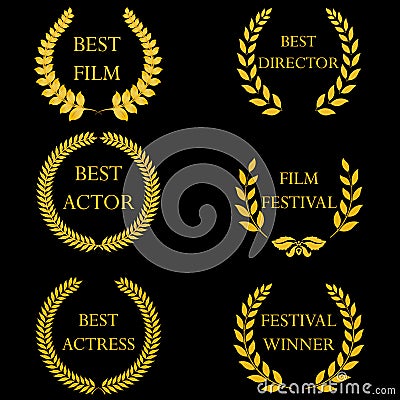 Film awards. Golden round laurel wreaths Vector Illustration