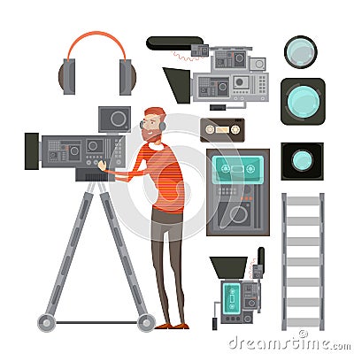 Film Cameraman With Video Equipment Vector Illustration