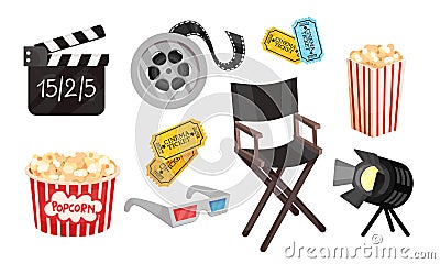 Film and Cinema Industry Attributes and Symbols with Popcorn and 3D Glasses Vector Set Vector Illustration