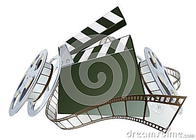 Film clapperboard and movie film reels Vector Illustration