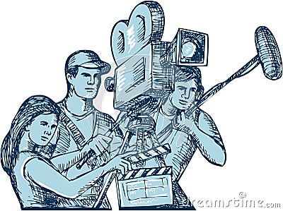 Film Crew Clapperboard Cameraman Soundman Drawing Vector Illustration