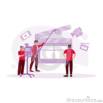 The film crew recorded a scene of a male artist standing before a window. Film Production Concept. Vector Illustration