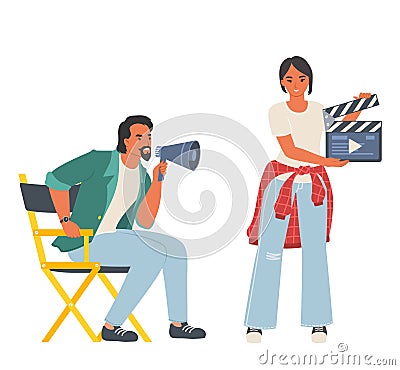 Film director and assistant engaged in cinema production Vector Illustration