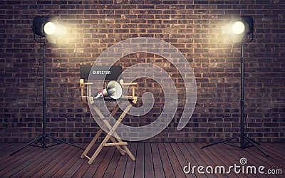 Film director`s chair with megaphone and spotlights. 3D renderin Stock Photo