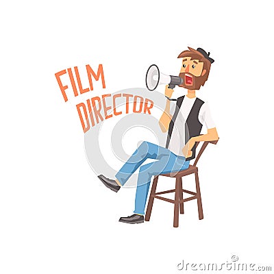 Film director sitting in his chair speaking into a megaphone, cartoon character vector Illustration Vector Illustration