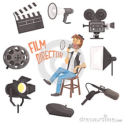 Film Director Sitting With Megaphone Controlling Movie Shooting Process Surrounded By Moviemaking Set Of Ofbjects Vector Illustration