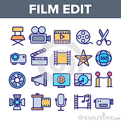 Film Edit, Filmmaking Linear Vector Icons Set Vector Illustration