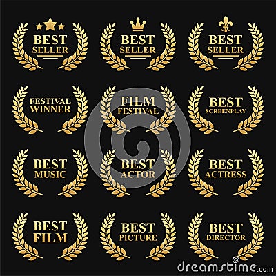 Film Festival Gold Award Set with Laurel Wreath on Black. Best Seller Vector Vector Illustration