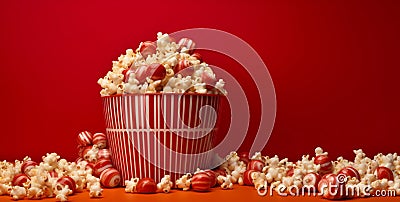 box bucket corn film cinema fun background blue red popcorn food. Generative AI. Stock Photo