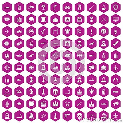 100 film icons hexagon violet Vector Illustration