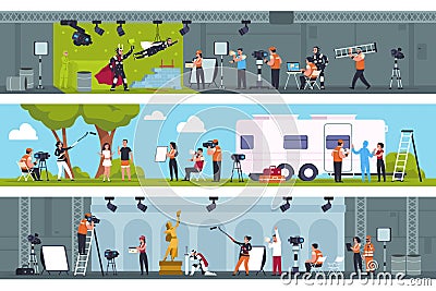 Film making. Movie production studio with film cast shooting scene on green screen, in pavilion and on location. Vector Vector Illustration