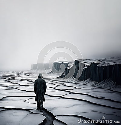 film noire man with a rain coat walking on cracked ground appearing from the fog, solitude concept Stock Photo