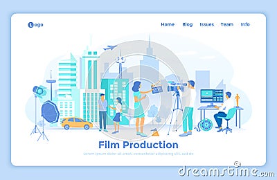 Film Production. Outdoor filmmaking scene. Shooting film with actors, camera, light, microphone. Movie director, cameraman, video Vector Illustration