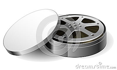 Film reel in open round metal box, old cinema film bobbin in container Vector Illustration