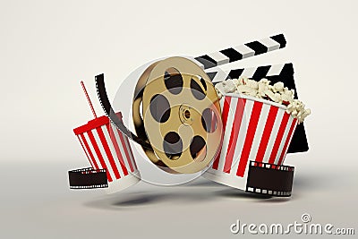Film reel,popcorn,movie strip,disposable cup for beverages with Stock Photo