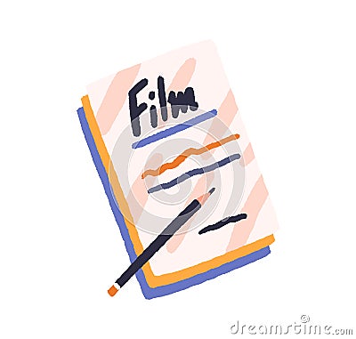 Film scenario papers and pencil. Handwritten movie script, screenplay copy. Cinema storyboard. Screen play writing Vector Illustration