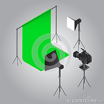 Film shooting object like as green curtain with studio light and video camera on Stock Photo