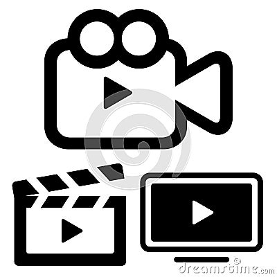 Film shooting, film player, movie icon set. Flat vector illustration isolated on white Vector Illustration