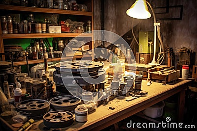 film spools and reels on workbench Stock Photo