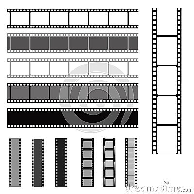 Film strip set. Cinema strip roll 35mm blank slide frame, photo video monochrome picture negative vintage media filmstrip, vector Vector Illustration