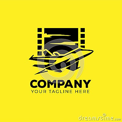 Film strip, simple conceptual logo with airplane . Vector illustration. Perfect for Production House Vector Illustration