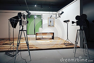 Film studio office decorations with vintage movie cameras Stock Photo