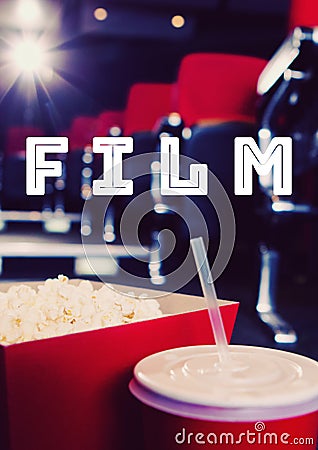 Film text over popcorn and cold-drink against movie theatre in background Cartoon Illustration