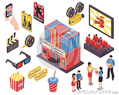 Film Theatre Isometric Elements Vector Illustration