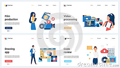 Film and video production, code review and web design set, tiny people record video Vector Illustration