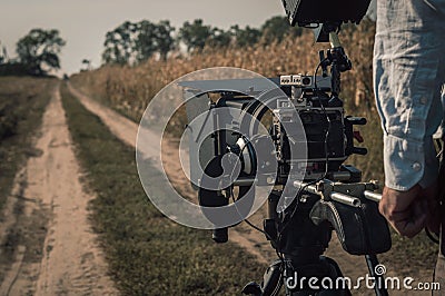 Filming with camera rig outdoors. Filmmaking scene Stock Photo