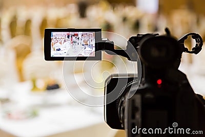 Filming of the event. Videography. Served tables in the Banquet hall Stock Photo