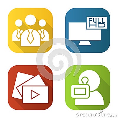 Filming flat long shadow icons set. Men in ties, video play button, Full HD television, videographer. Isolated vector Vector Illustration