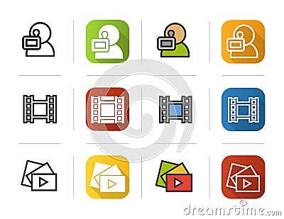 Filming icons set. Flat design, linear and color styles. Videographer, video film, play button symbol. Isolated vector Vector Illustration