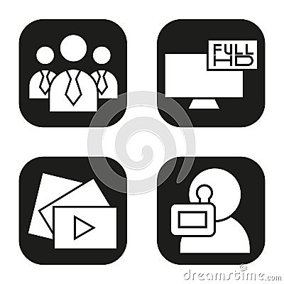 Filming icons set. Men in ties, video play button, Full HD television, videographer symbol. Vector white silhouettes Vector Illustration