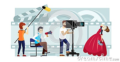 Filming movie scene illustration. Action setup by operator and backlight in special scenery with film director and Vector Illustration