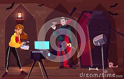 Filming movie about vampire cartoon vector concept Vector Illustration