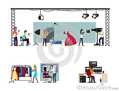 Filming process set. Actors act out scene in special scenery with film crew professional makeup artists and recording Vector Illustration