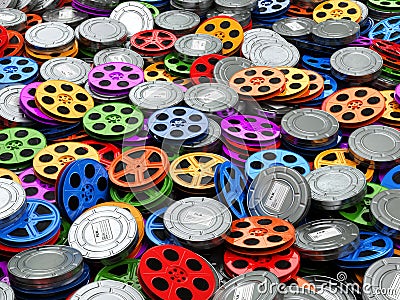 Films collection concept. Cinema, movie, video reels background. Stock Photo