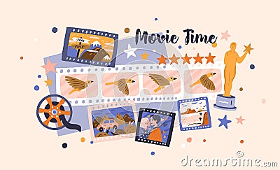 Filmstrips and cinema award for best festival film. Hollywood prize winners in cinematography industry. Video production Vector Illustration