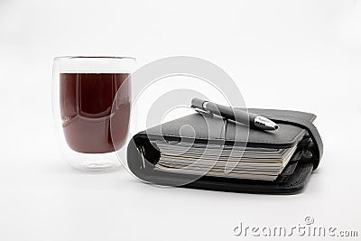 Filofax and coffee, on white background Stock Photo