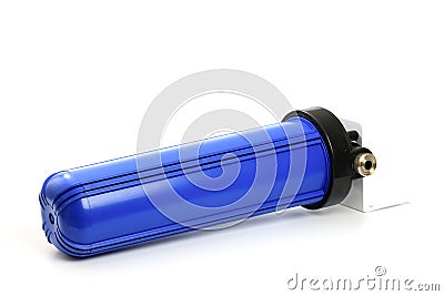 Filter flask blue, plastic for water purification. Isolated white background. Improve water quality from sources. household Stock Photo